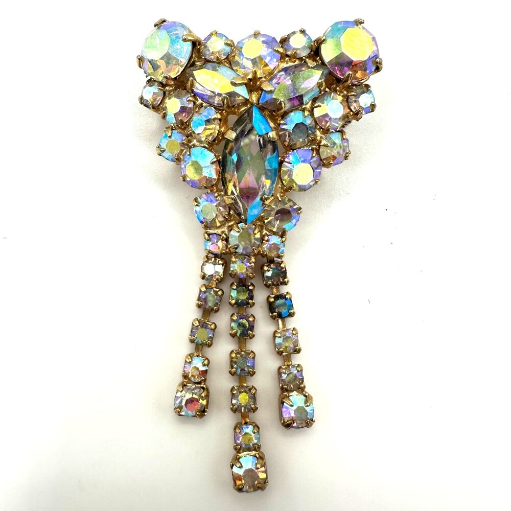 Vintage gold tone aurora borealis AB glass rhinestones fringe dangle brooch